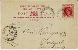 1902 Ceylon 6c postal card from a German P.O.W. to Germany cancelled ...