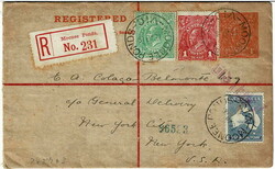 1918 4d registration envelope to New York, USA, uprated with ½d and ...