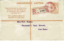 1915 4d postal stationary envelope to New Farm cancelled by a red ...
