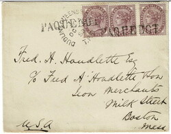 1893 cover to Boston, USA, with a strip of three 1d’s tied by ...