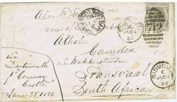 1880 incoming envelope to Camden, Transvaal, endorsed 'Via ...