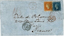 1870 ‘Polignac’ outer wrapper to France with a 4d and 1/- tied by ...