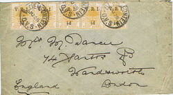 1900 envelope to London franked with a strip of five½d, the first ...