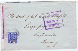 1916 censored envelope to Norway franked with a 15c (V.B. Perfin) ...