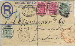 1894 2d registered envelope to London, additionally franked with two ...