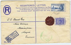 1953 size 'H' 4d registered envelope to England, additionally franked ...