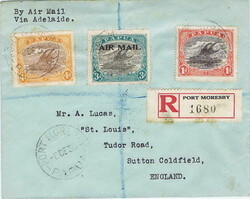 1930 registered air mail envelope to England bearing a 4d, 1d and a ...