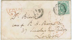 1869 envelope to London bearing a 1/- (S.G. 25) tied by a barred '1' ...