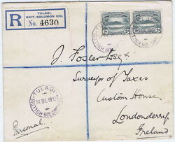 1913 registered cover to Ireland with a pair of 2d cancelled TULAGI ...