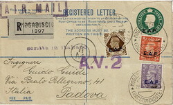 1945 E. A. F. overprinted size ‘G’ 3d registered envelope, sent ...
