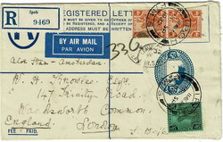 PERAK. 1932 F.M.S. 15c registered postal stationary envelope sent air ...