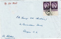 1958 cover sent air mail to England franked with a pair of G. B. 3d ...