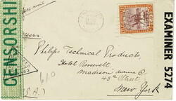 1940 double censored cover to New York, endorsed Surface Mail and ...