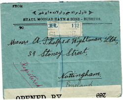 BUSHIRE. 1918 censored cover to Nottingham, England sent registered ...