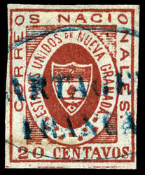 COLOMBIA. 1861. 20 CTVS. ROJO. Matasellos ovalado CARTAGENA/FRANCIA ...