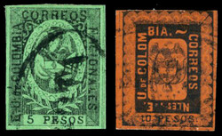 COLOMBIA. 1867. 5 PESOS NEGRO SOBRE VERDE Y 10 PESOS NEGRO SOBRE ROJO ...