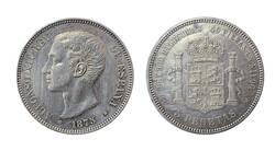 Alfonso XII. 1875* 18 75 DEM. 5 pesetas. (AC. 35). Limpiada, rayitas. ...