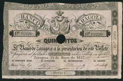 500 REALES. 14 de mayo de 1857. Banco de Zaragoza. Serie C, con ...