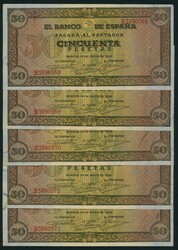 1938. 50 PTS. Conjunto de 5 ejemplares, un con doblez central. ...