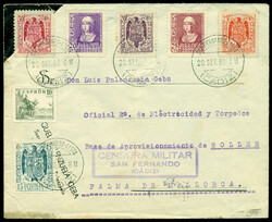 CÁDIZ. 1938. SAN FERNANDO/PALMA DE MALLORCA. Espectacular franqueo ...