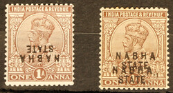 NABHA 1924 1a chocolate with o/p invtd, lightly mounted mint, another ...