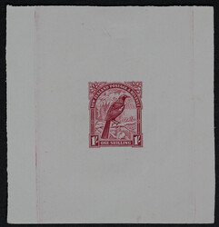 1935/36 1s 'Parson Bird' die proof in deep carmine on surfaced wove ...