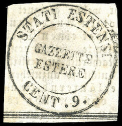 1853 - 9 cent. bollo "Gazzette Estere" (B1), su frammento, perfetto. ...