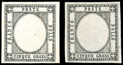 1861 - 5 grana, prova di stampa in nero, senza effigie, due esemplari ...
