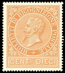 1874 - 10 cent. ocra arancio (1), ben centrato, nuovo, gomma ...