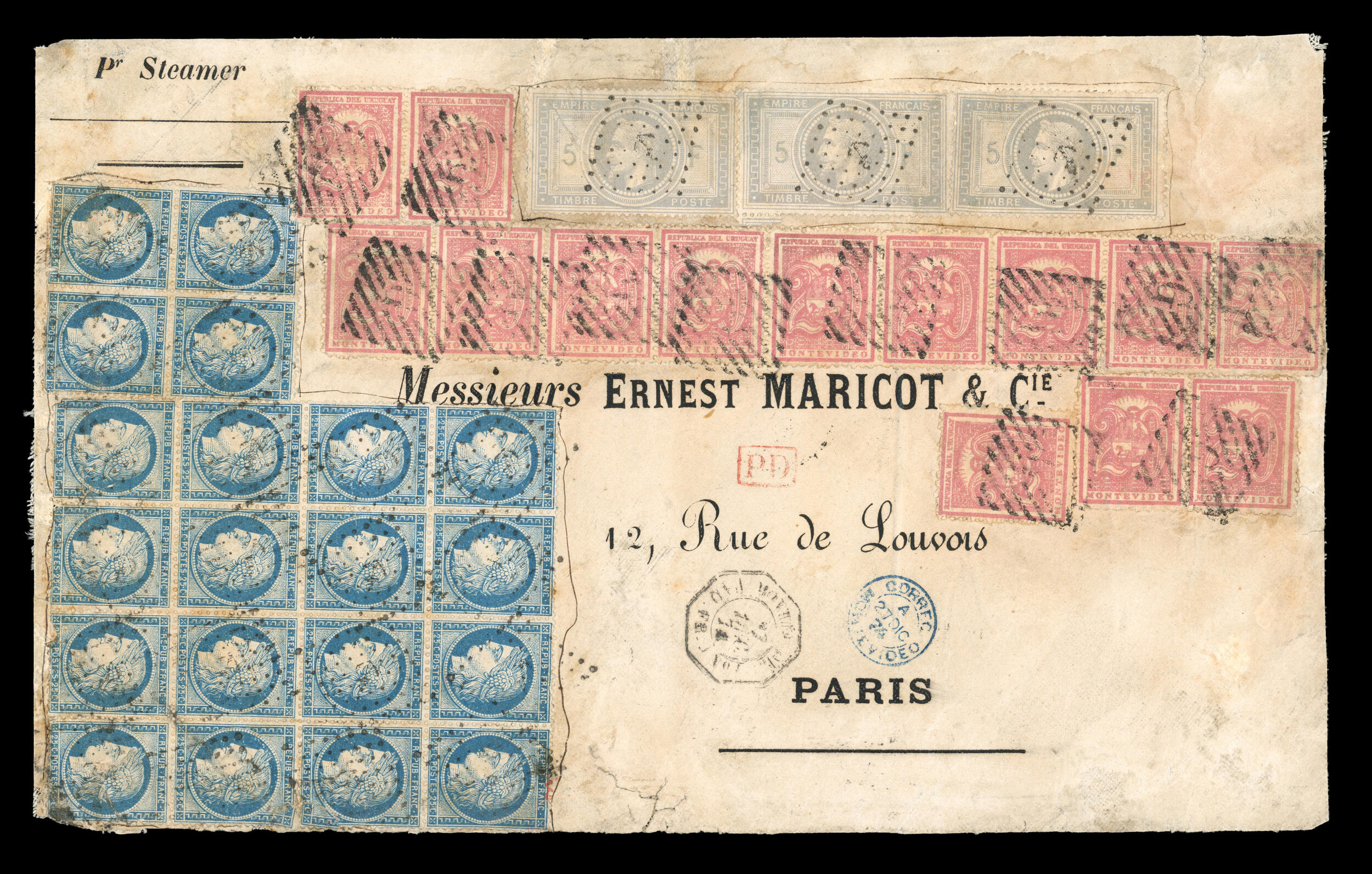 1874 (Dec 27) parcel front to France with mixed franking of 1872 20c ...