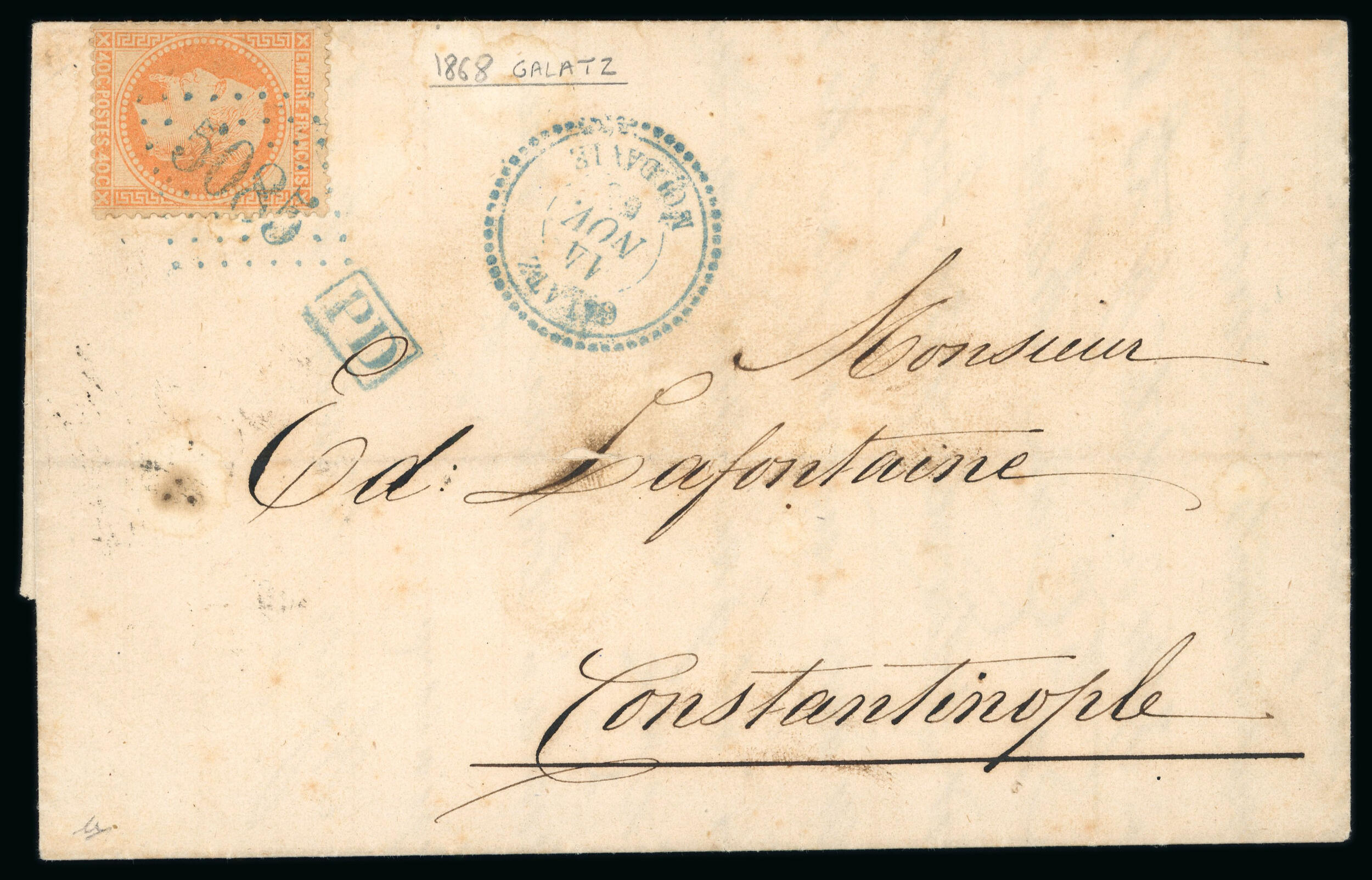 French Post Office in Galatz, Romania 1867: France laureated 40 c. ...