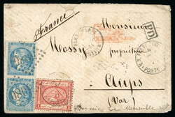1871, mixed franking on cover from Alexandria to France with 20c blue ...