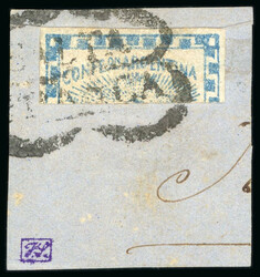 1858 Small Figures, 15c blue, one third cut horizontally and used as ...