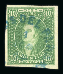 1864-67 Rivadavia Watermarked 10c green imperf, good to large margins ...