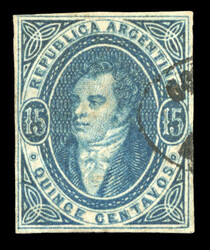 1864 Rivadavia Watermarked 15c blue used with clear impression, just ...