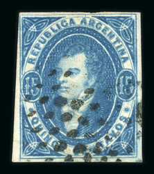 1867-72 Rivadavia No Watermark 15c blue imperf, close to good margins ...