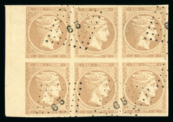 1862-67, 2L bistre on bistre, later printing, left margin block of 6 ...