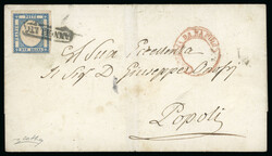 1861 2gr Blue on cover from Napoli to Popoli (Pescara), showing red ...
