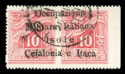 1941, Italy ITACA greek stamp 10l x 2 red overprint "OCCUPAZIONE ...