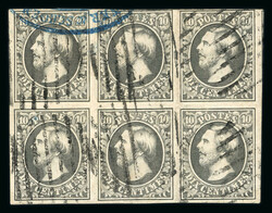 1853 Second printing 10c greenish black block of six (3 x 2) with ...