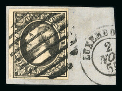 1854 4th Printing 10c velvet black, four good to large margins tied ...