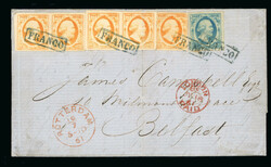 1852 15c Orange strip of three + pair + 5c paying 80c double rate, ...
