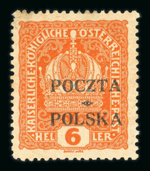 1919, 80H reddish brown POCZTA * POLSKA overprint inverted, plate I, ...