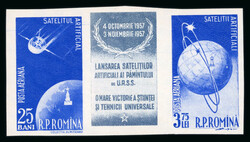 1957 Russian satellite launch Sputnik I, two proof strips of 3 on ...