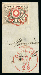 1850, Waadt 5 auf Briefstück (abgelöst und wieder aufgefalzt), in ...