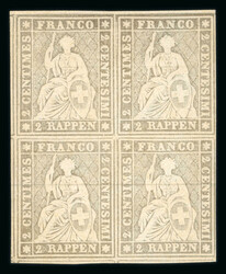 1862, 2 Rp. grau, 4. Berner Druckperiode, im Viererblock, farbfrisch ...