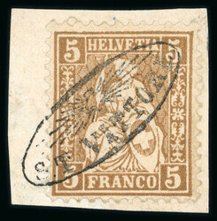 1867, 5 Rp. braun auf kleinem Briefstück, farbintensiv, allseits ...