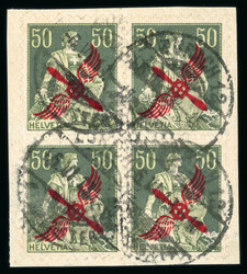 1919, Propellerradaufdruck 50 Rp. grün im Viererblock, auf kleinem ...