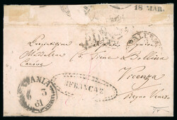 CATANIA: 1861 (6.3) Folded stampless entire routed through ...