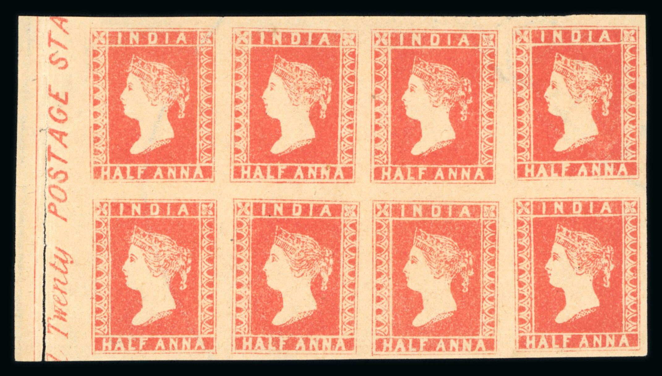 1854 1/2a vermillion unused left marginal block of 8 showing ...